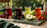 Vişne, karadut, elma ve kuşburnu aromaları için dört içecek sunumu