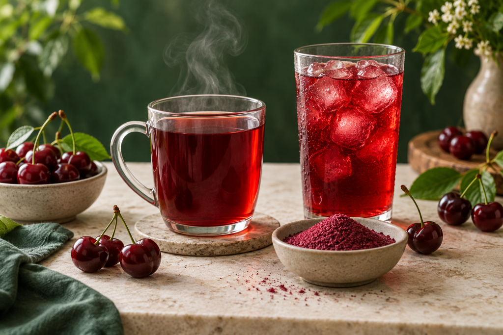 Vişne aromalı içecek için sıcak kupa ve buzlu soğuk sunum