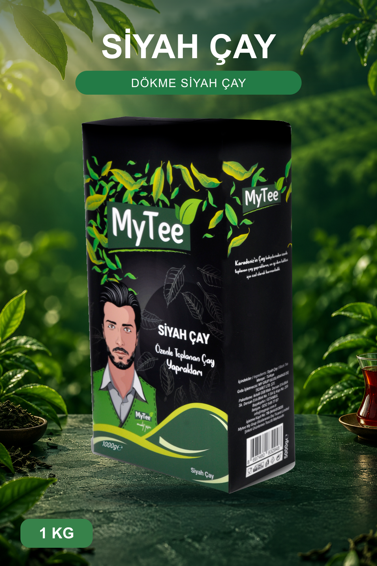 MyTee Dökme Siyah Çay 1 kg, çay bahçesi zemininde orijinal ambalaj