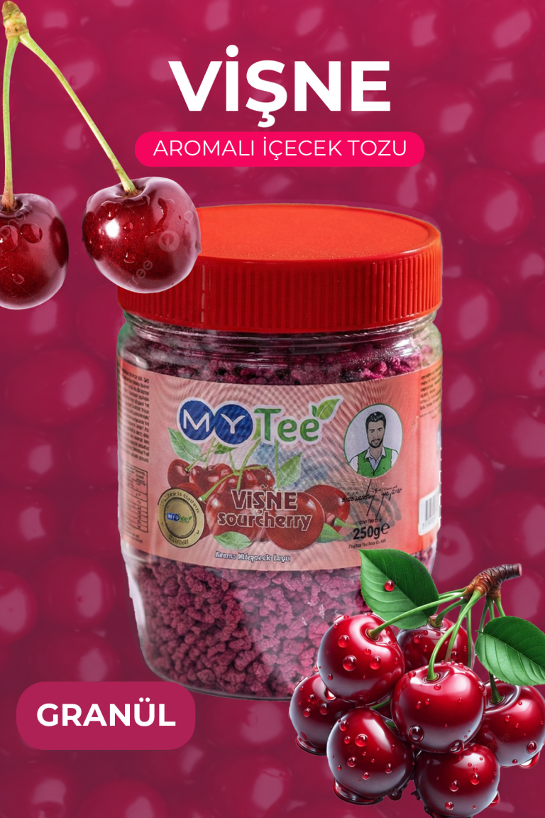 MyTee Vişne Aromalı Granül İçecek Tozu 250 gr, pembe fonda